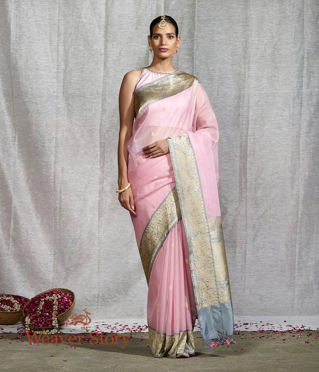 Handloom_Pink_Kora_Silk_Saree_with_Contrast_Floral_Border_WeaverStory_02