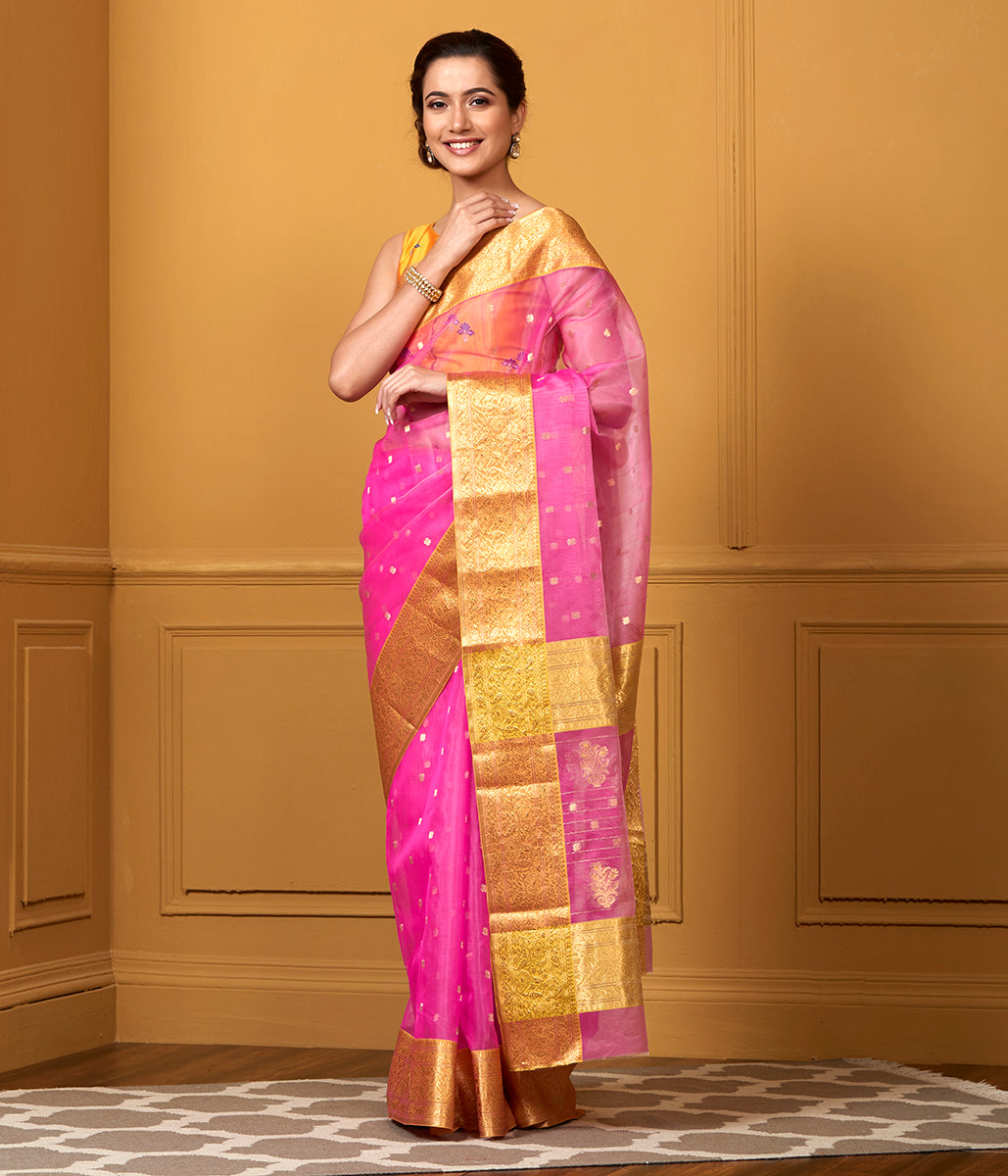 Handwoven_Pink_Kora_Katan_Chanderi_Saree_with_Mustard_Border_WeaverStory_02