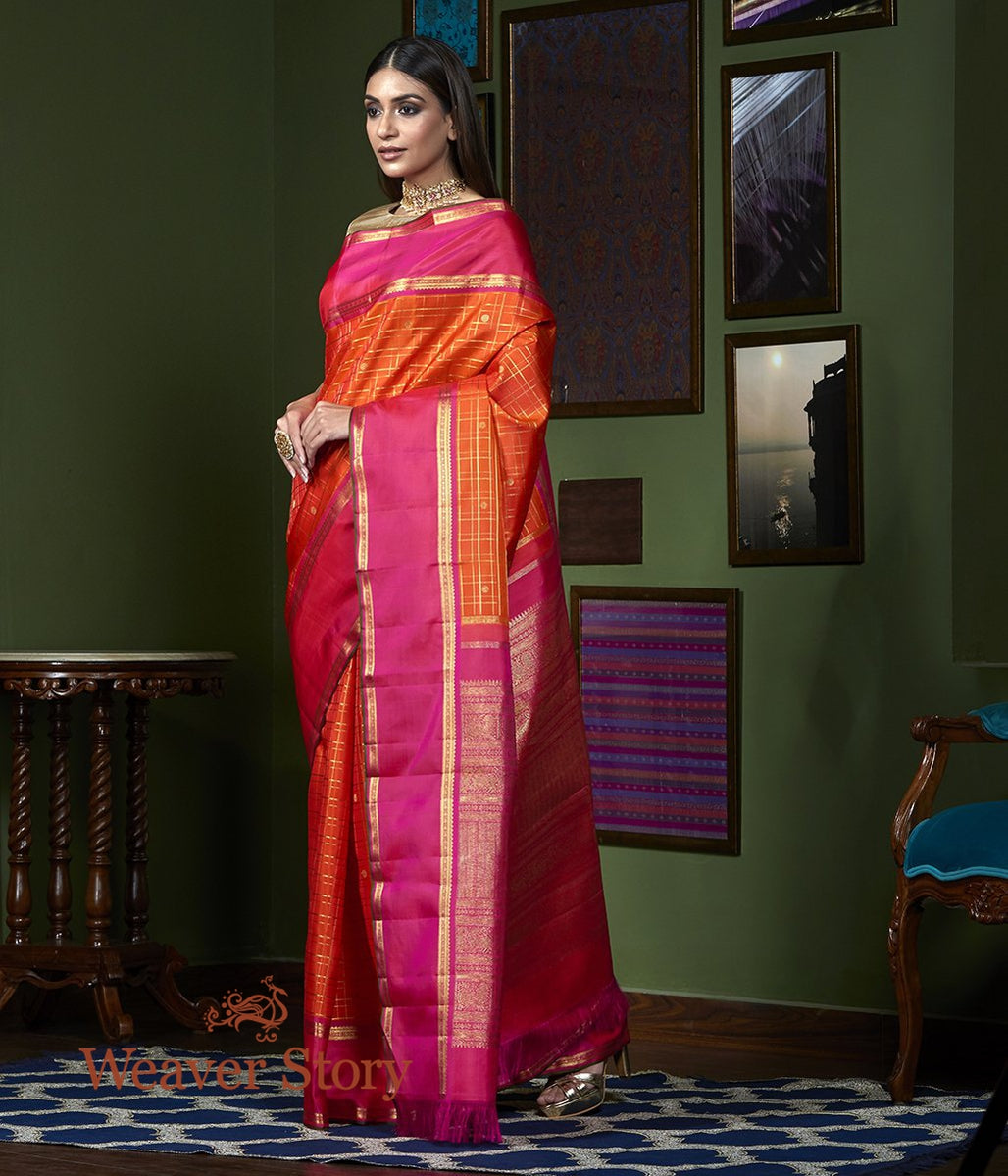Handloom_Orange_Zari_Checks_Kanjivaram_Saree_WeaverStory_02