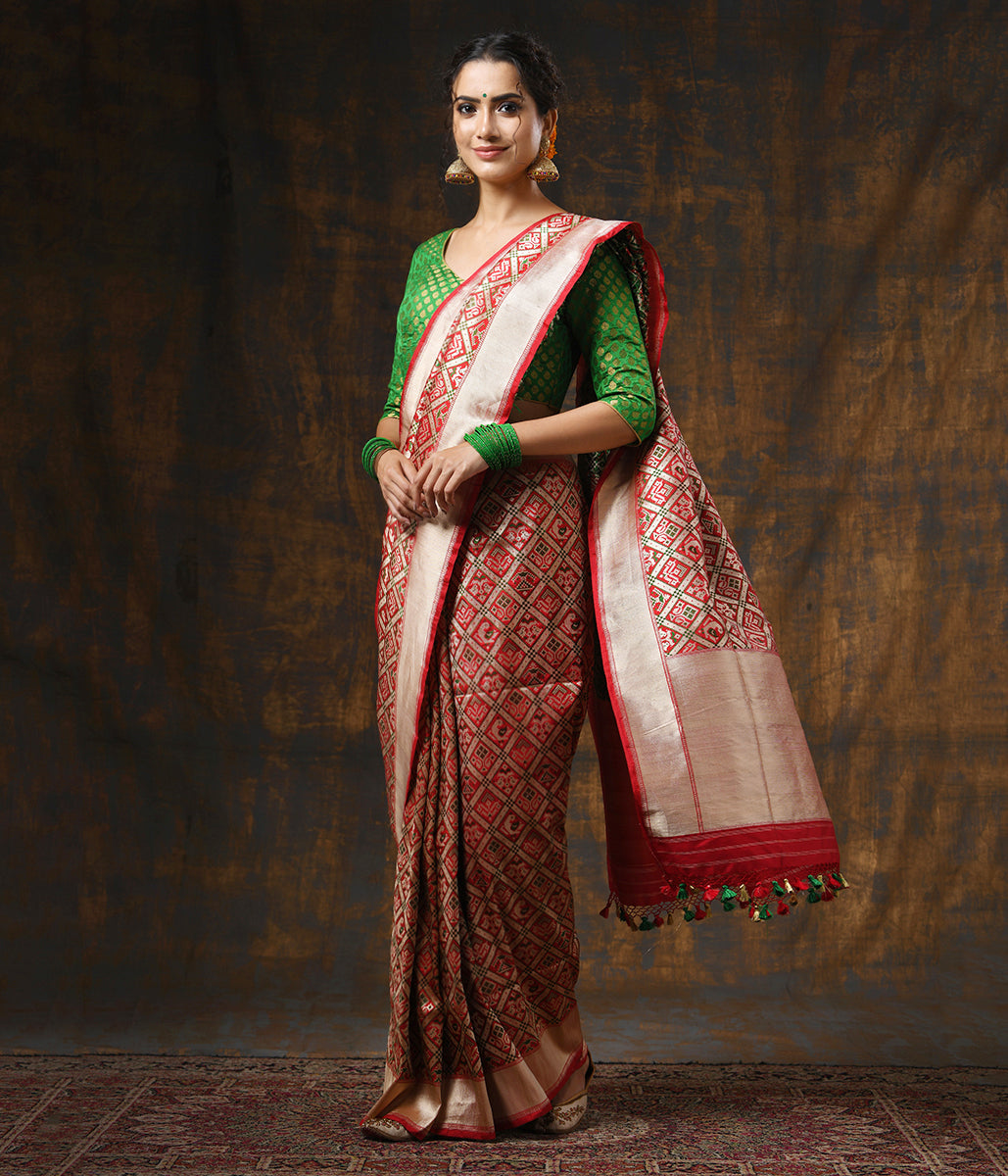 Handloom_Red_Patola_Banarasi_Saree_with_Green_Meenakari_WeaverStory_02