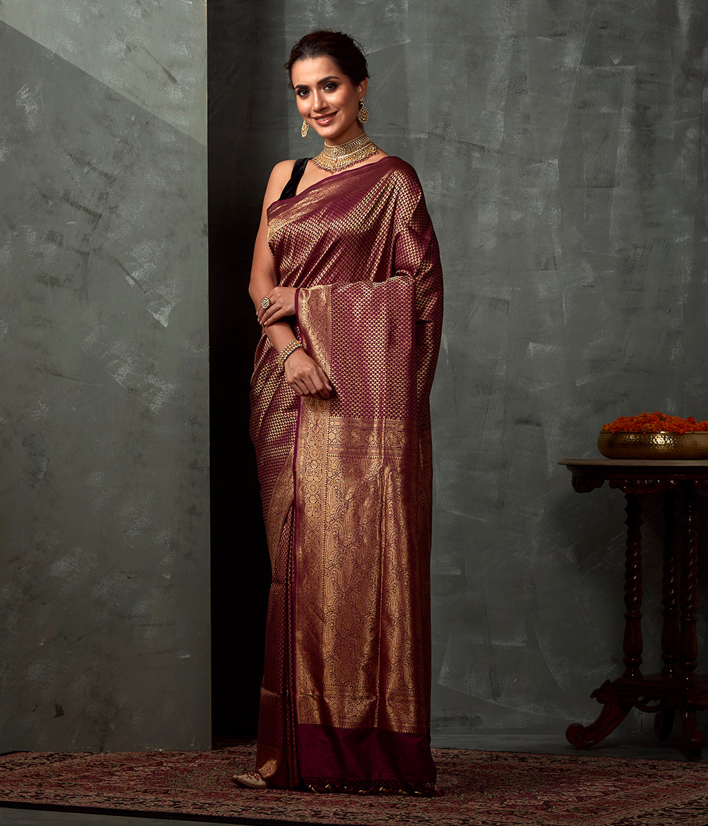 Handwoven_Wine_Katan_Silk_saree_with_Small_Paislye_Motifs_Woven_in_Zari_WeaverStory_02