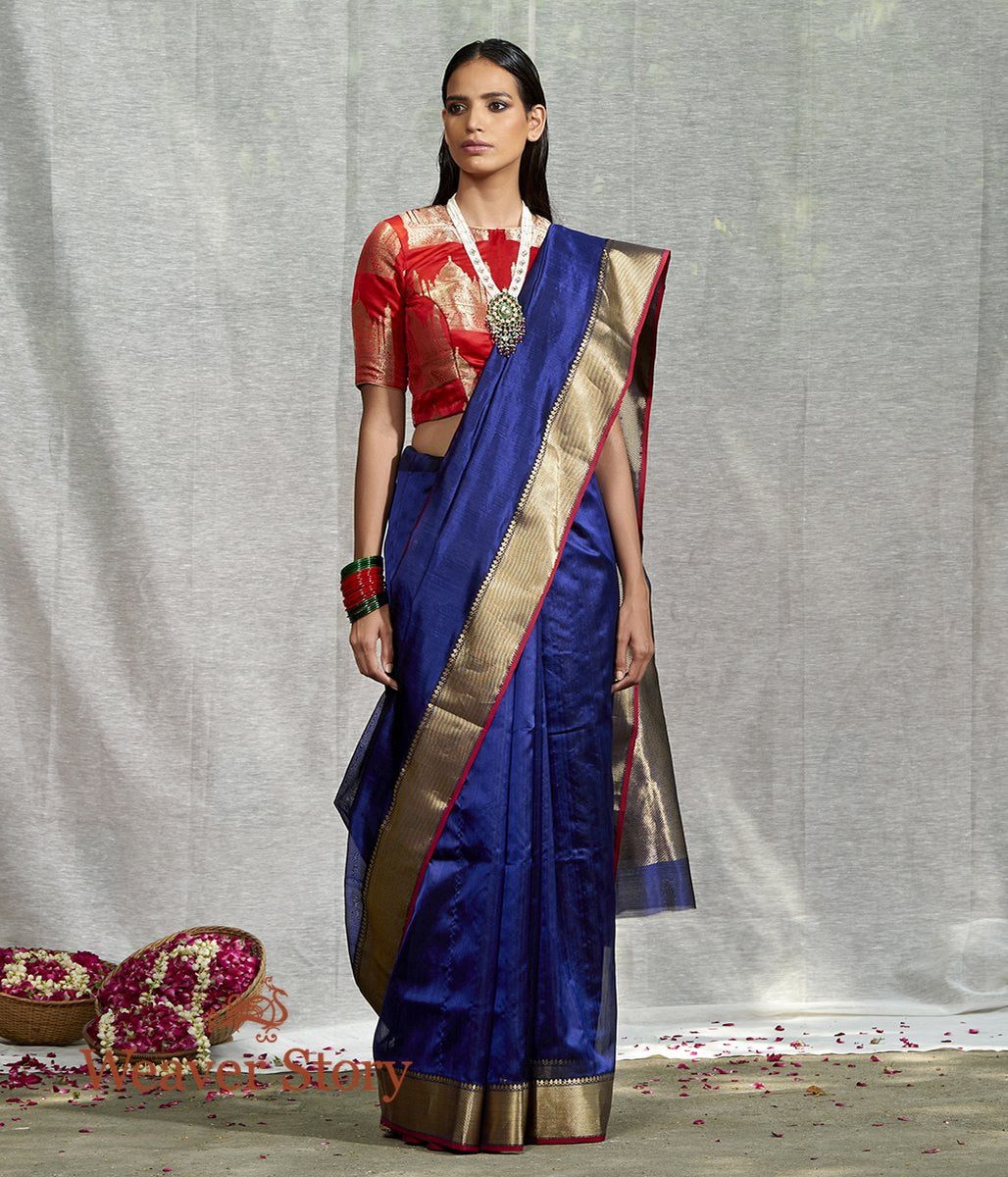 Handwoven_Blue_Plain_Silk_Cotton_Saree_with_Solid_Zari_Border_WeaverStory_02