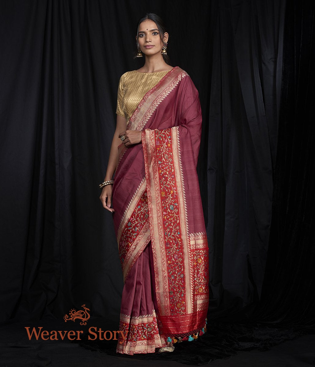Handwoven_Wine_Tusser_Banarasi_Saree_with_Five_Color_Meenakari_Border_WeaverStory_02
