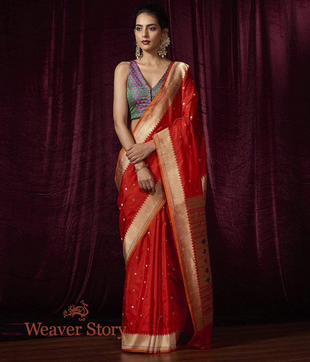Handloom_Red_Katan_Silk_Saree_with_Paithani_Border_WeaverStory_02