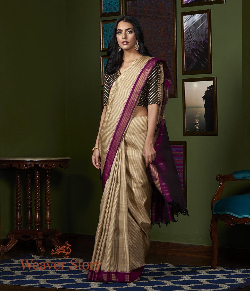 Handwoven_Beige_Ikat_Kanjivaram_Saree_with_Purple_Border_WeaverStory_02