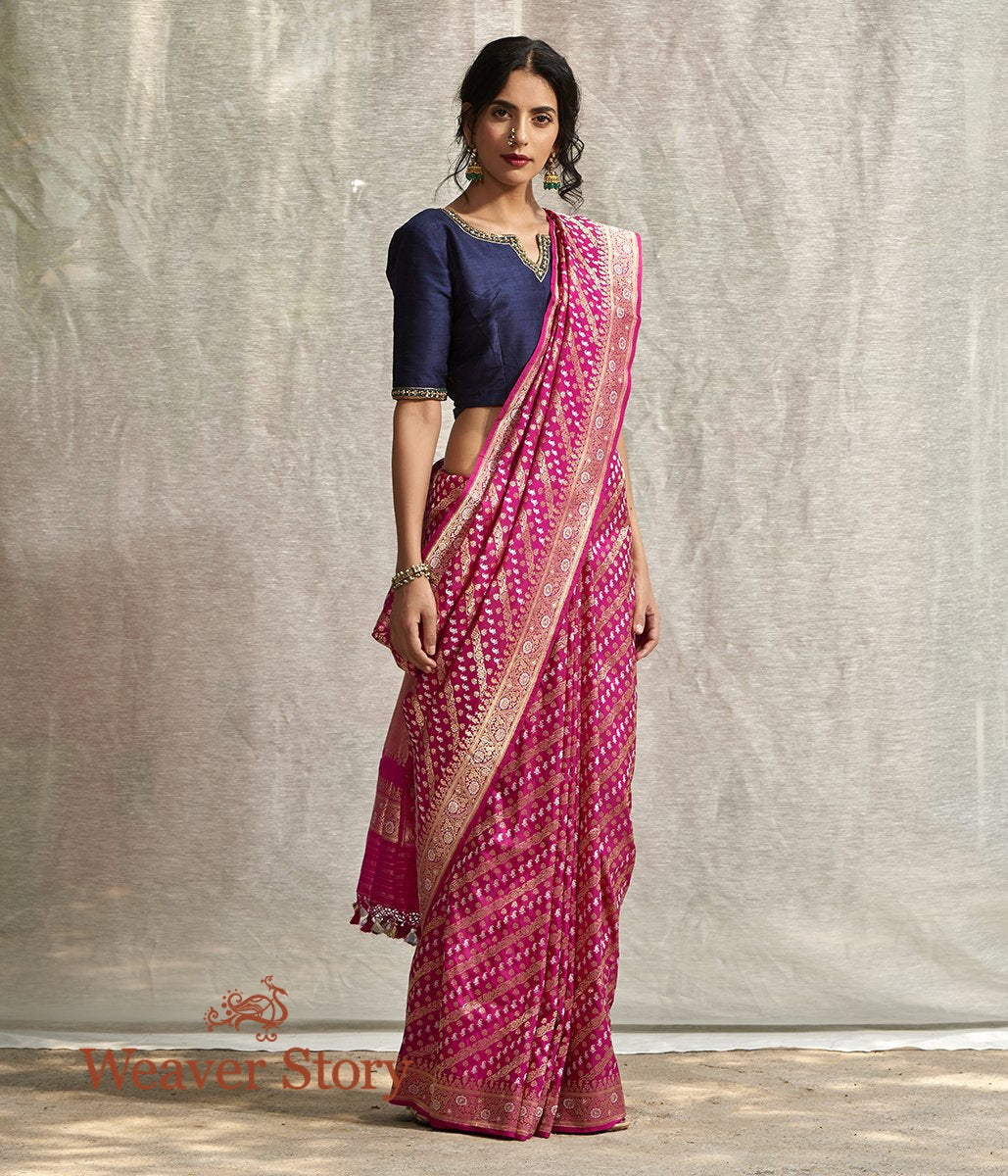 Handloom_Hot_Pink_Real_Zari_Sona_Rupa_Kadhwa_Jangla_Saree_with_Small_Paisley_WeaverStory_02