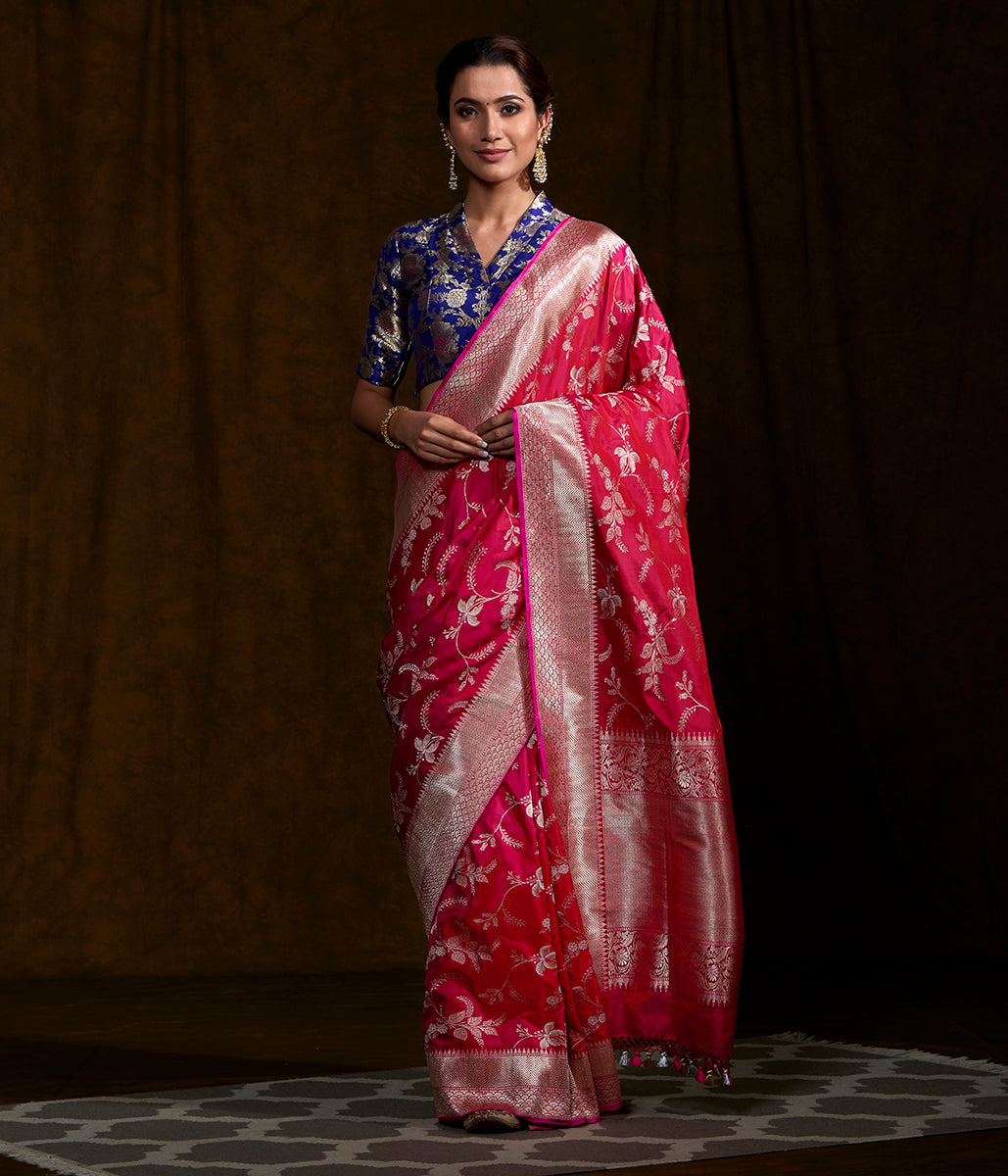 Handloom_Hot_Pink_Kadhwa_Jangla_Saree_with_Gold_Silver_Zari_WeaverStory_02