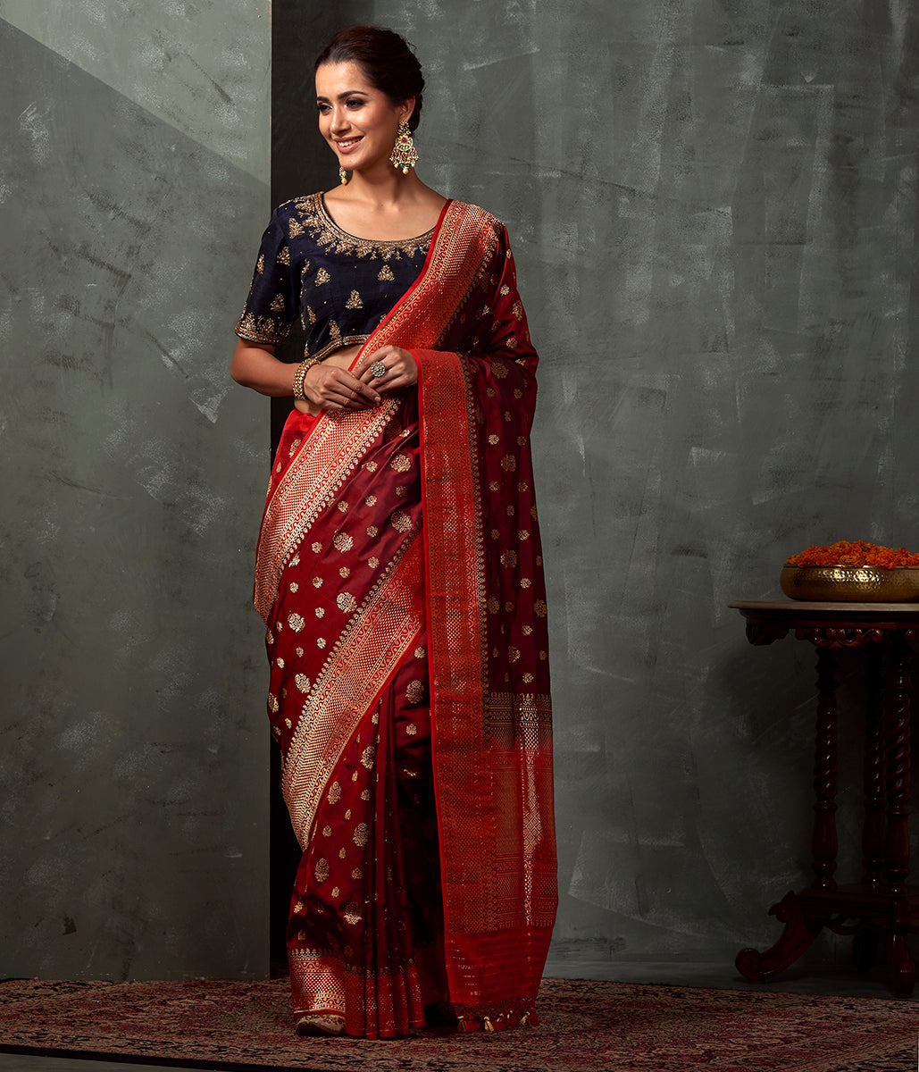 Handwoven_Rust_Ektara_Saree_with_Kadhwa_Boota_and_Red_Border_WeaverStory_02