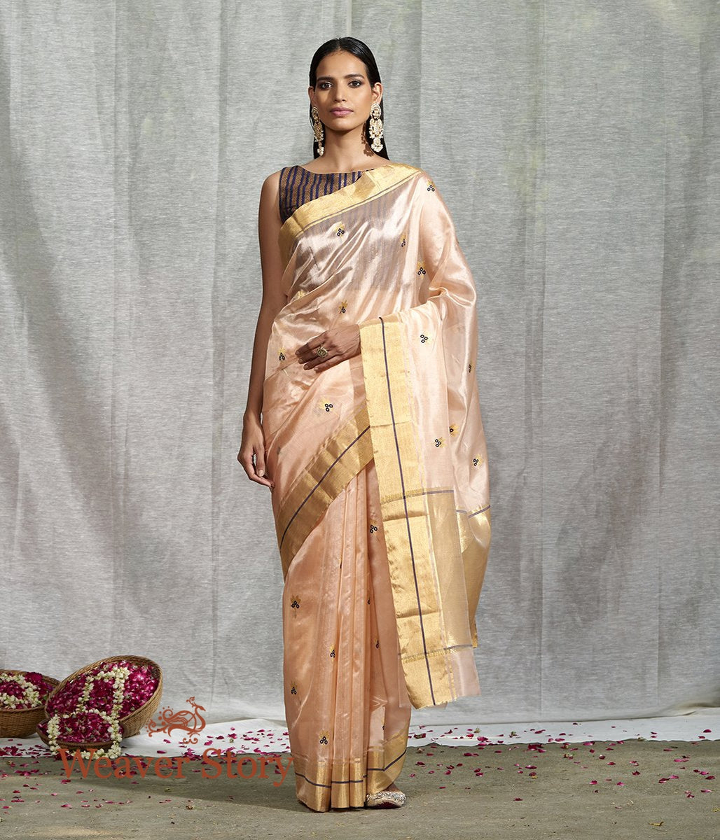Handloom_Light_Peach_Floral_Booti_Saree_with_Blue_Meenakari_WeaverStory_02
