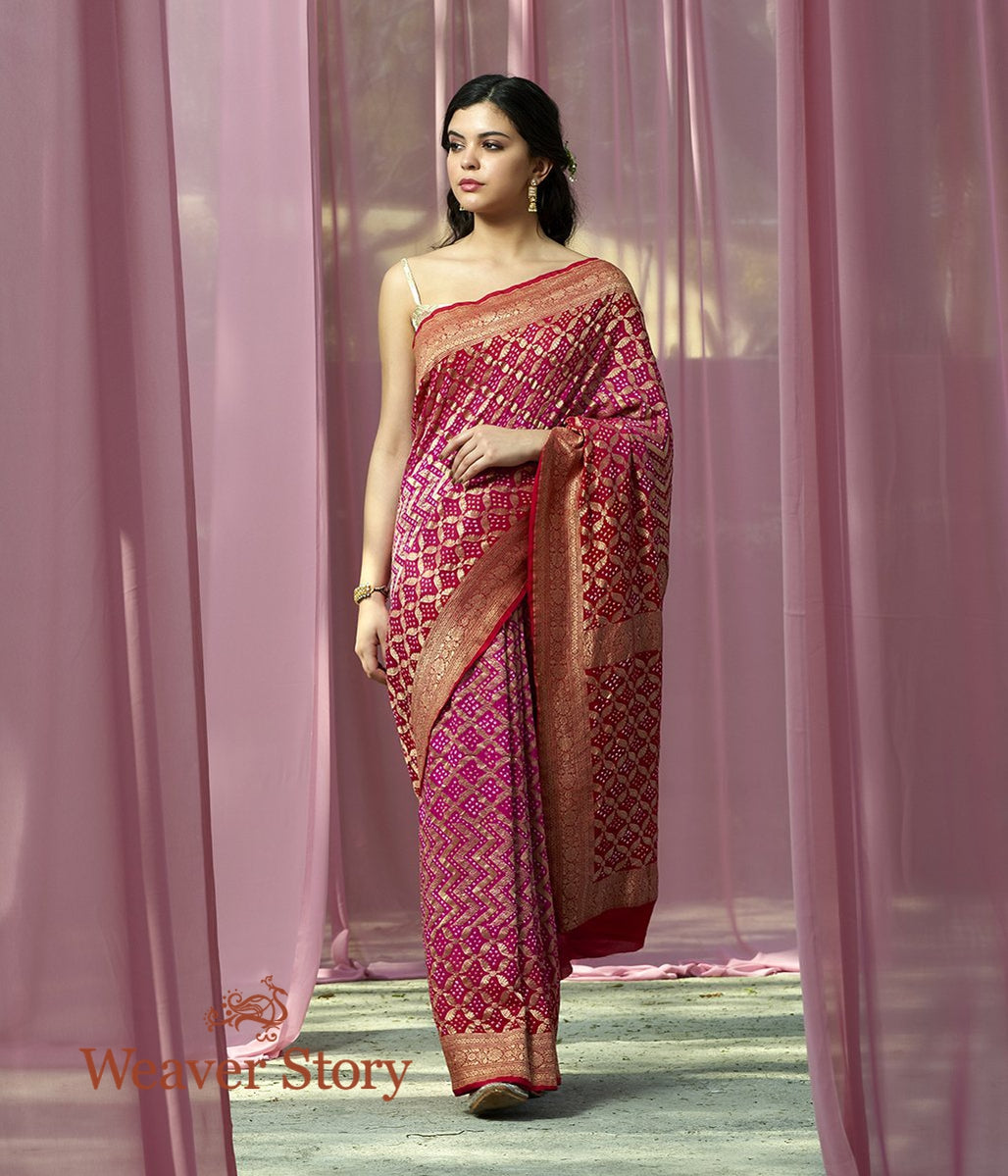 Handloom_Pink_and_Red_Ombre_Dyed_Banarasi_Bandhej_Saree_WeaverStory_02