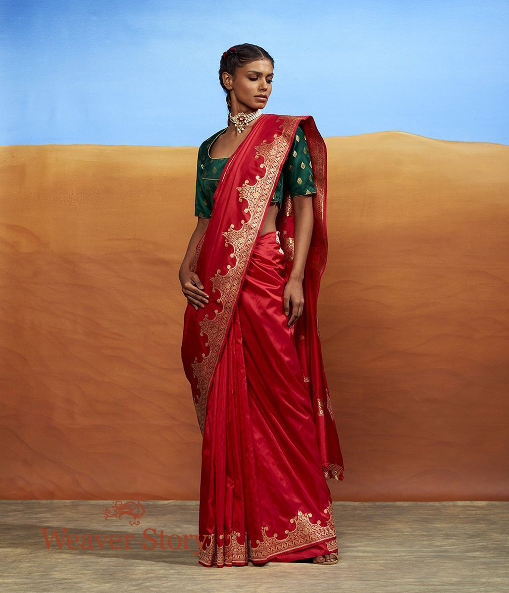 Handwoven_Red_Plain_Katan_Saree_with_Ornamental_Border_WeaverStory_02