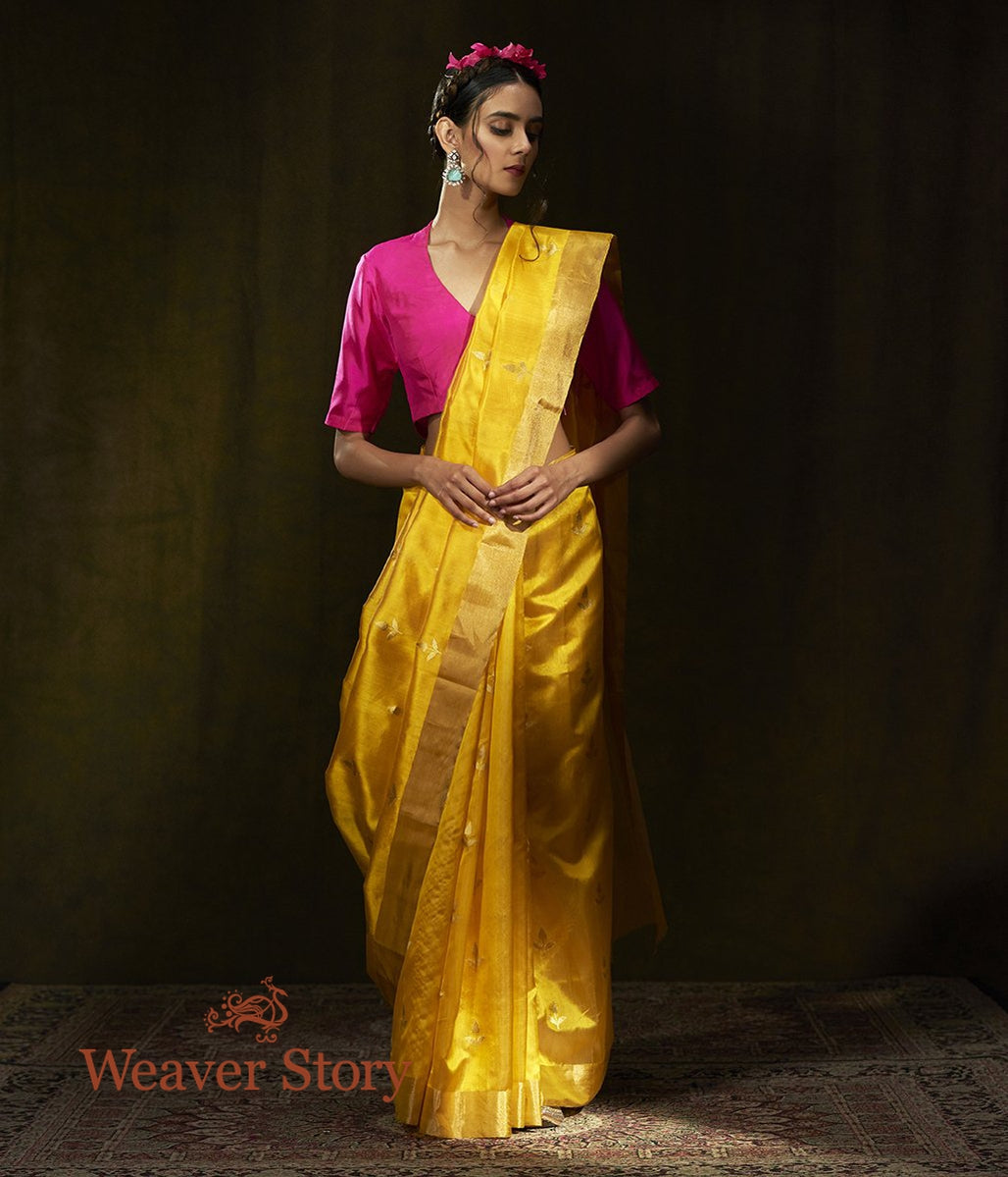 Handwoven_Yellow_Chanderi_Silk_Saree_with_Zari_Woven_Leaves_WeaverStory_02