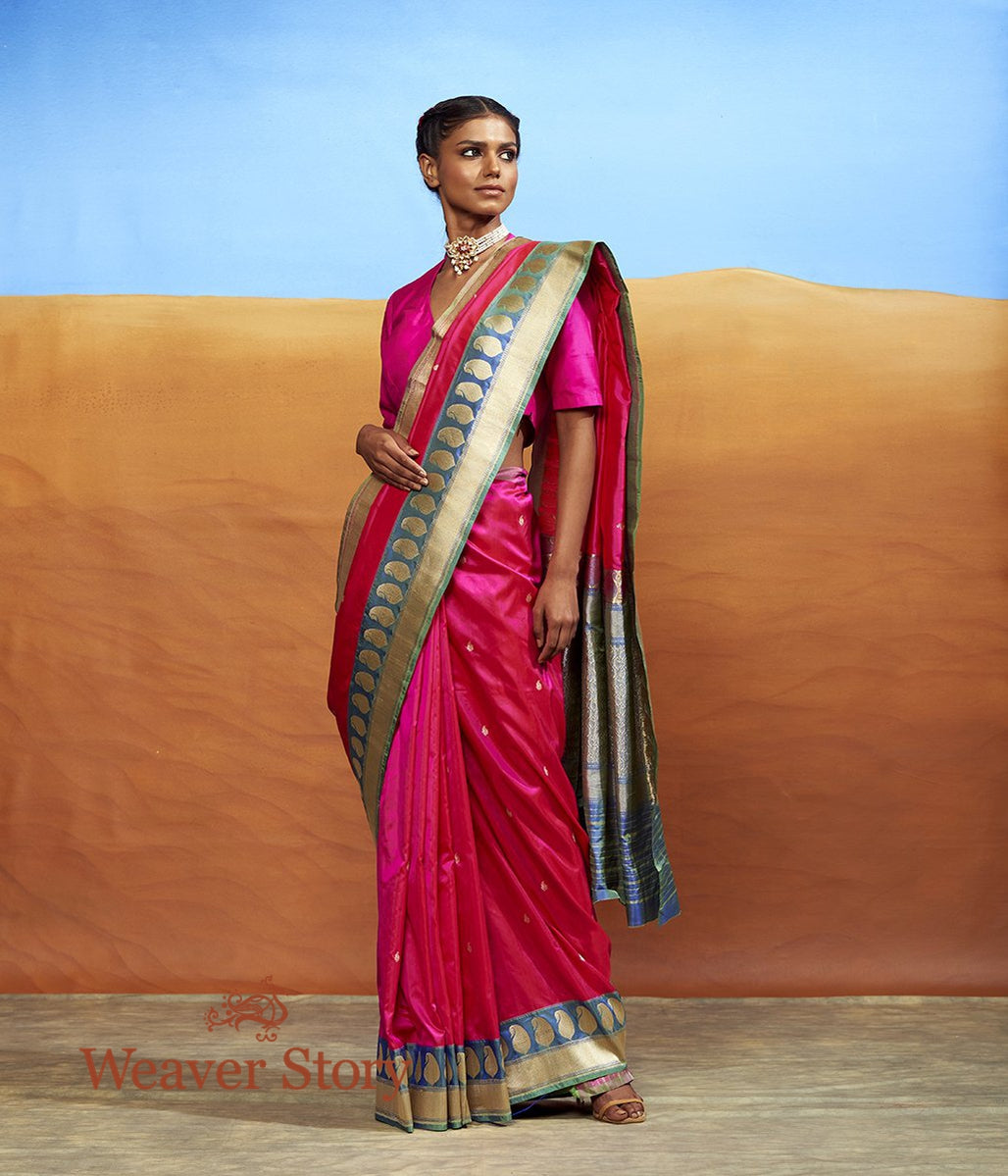 Handloom_Pink_Kadhwa_Booti_Saree_with_Contrast_Green_Border_with_Paisley_WeaverStory_02