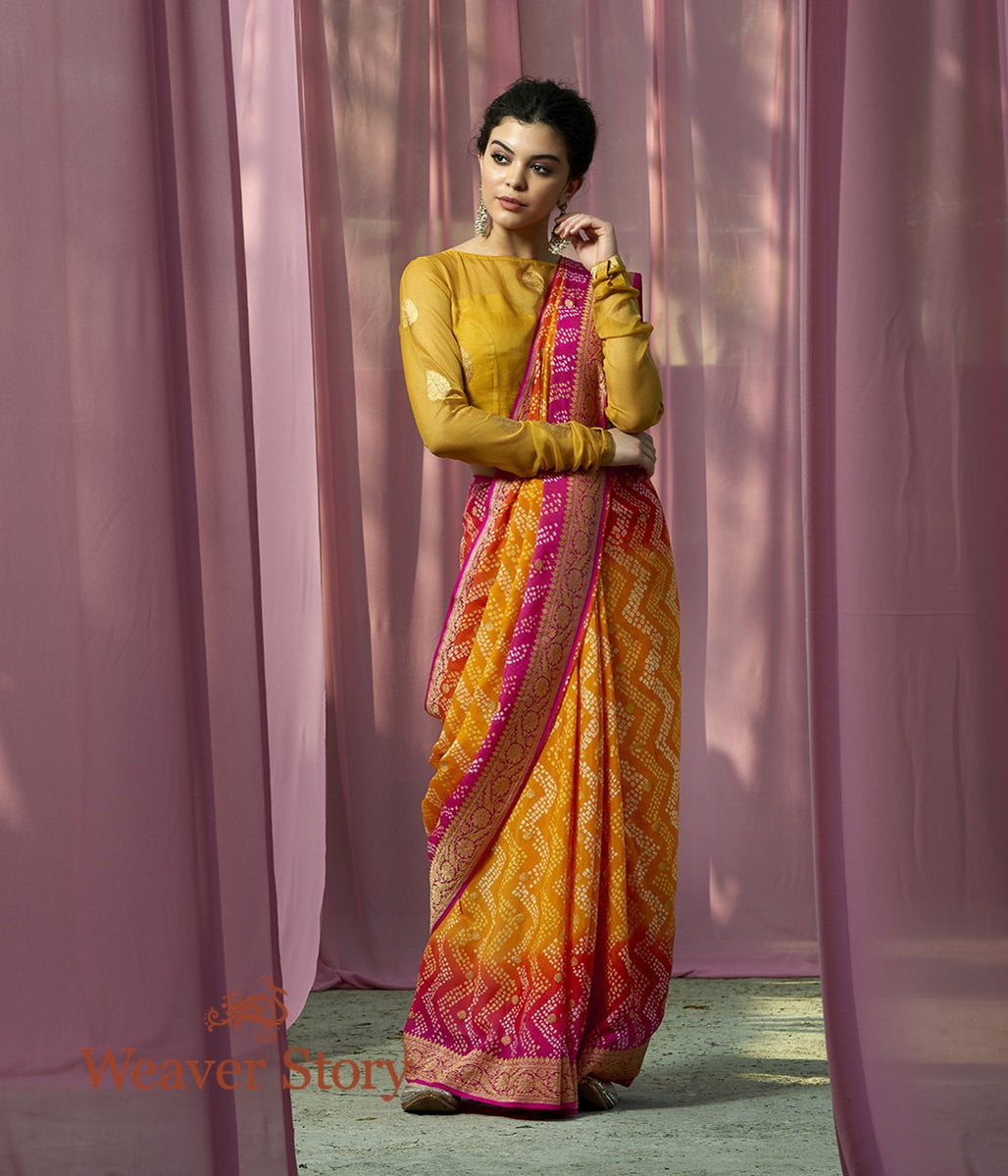 Handwoven_Yellow_Kadhwa_Bandhej_Saree_with_Pink_Border_WeaverStory_02