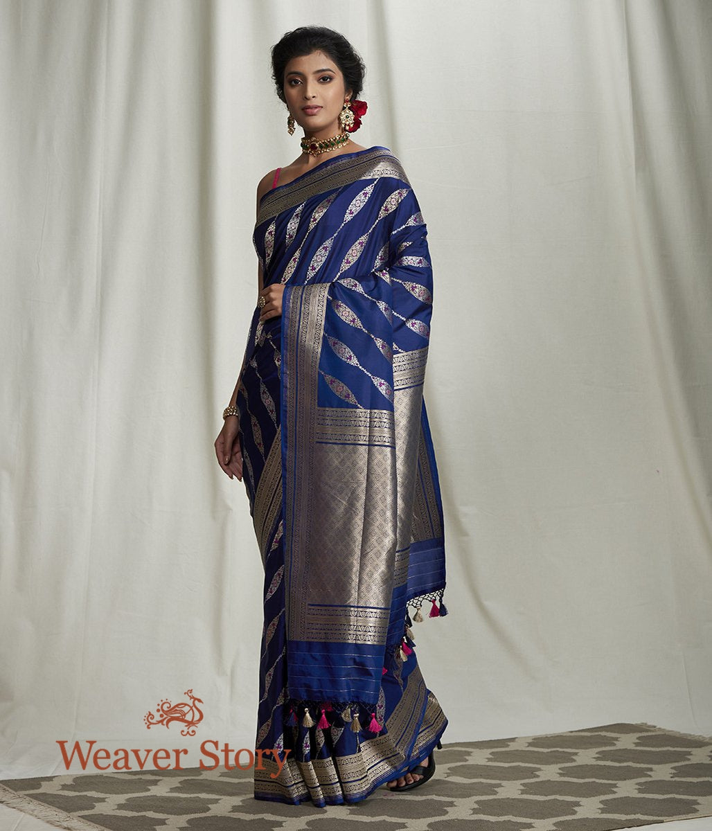 Handwoven_Blue_Banarasi_Saree_with_Diagonal_Meenakari_Bel_WeaverStory_02