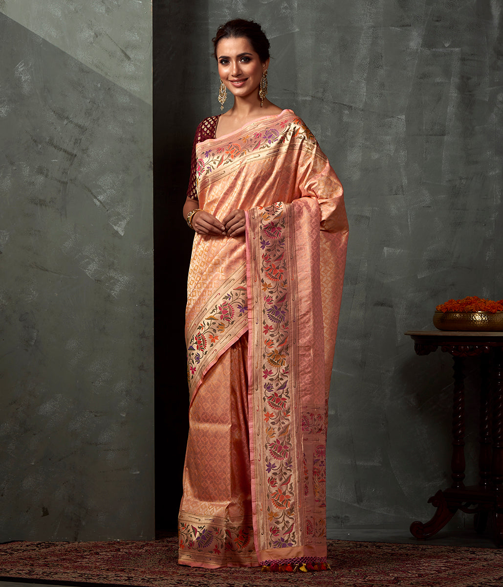 Handwoven_Light_Peach_Dampaj_Saree_with_Paithani_Border_WeaverStory_02