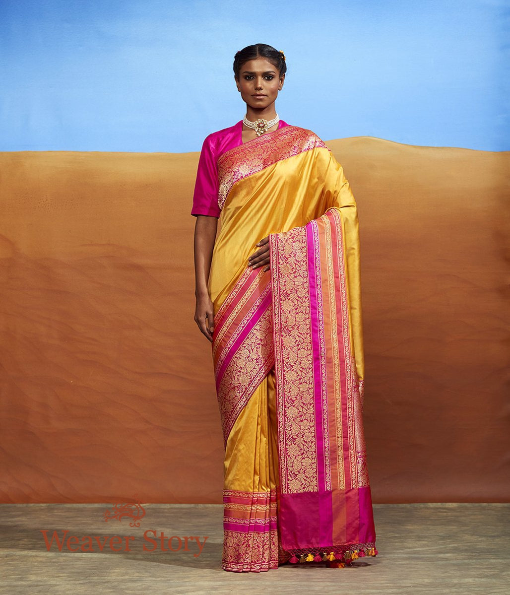 Handloom_Yellow_Plain_Ektara_Saree_with_Pink_Kadhiyal_Border_WeaverStory_02
