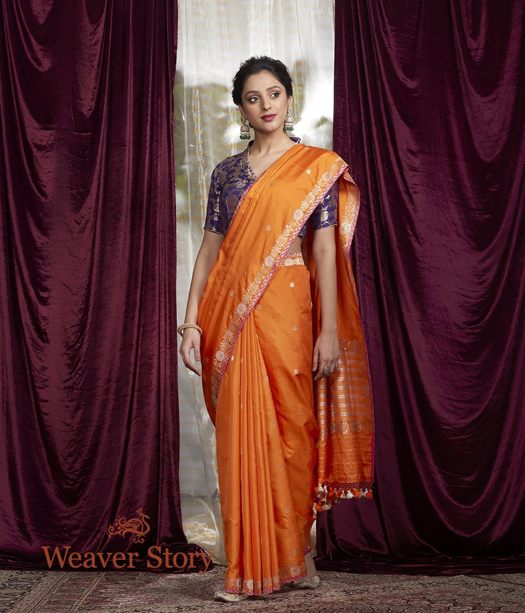 Handloom_Orange_Kadwa_Boota_Saree_with_Small_Border_WeaverStory_02