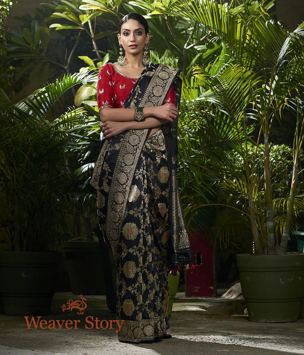 Handloom_Black_Kadhwa_Jangla_Saree_with_Red_Meenakari_WeaverStory_02