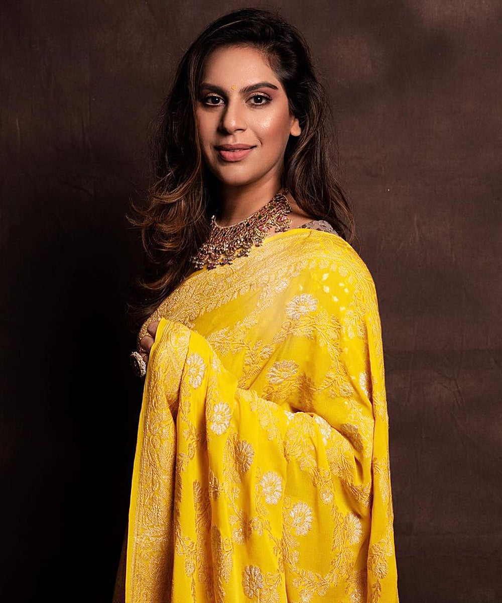 Upasana Kamineni In Yellow Handloom Georgette Kadhwa Banarasi Saree