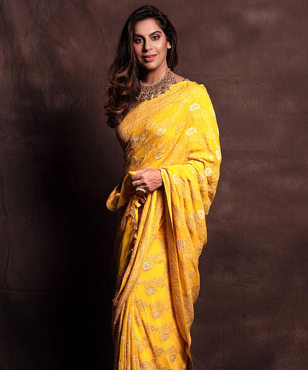 Upasana Kamineni In Yellow Handloom Georgette Kadhwa Banarasi Saree