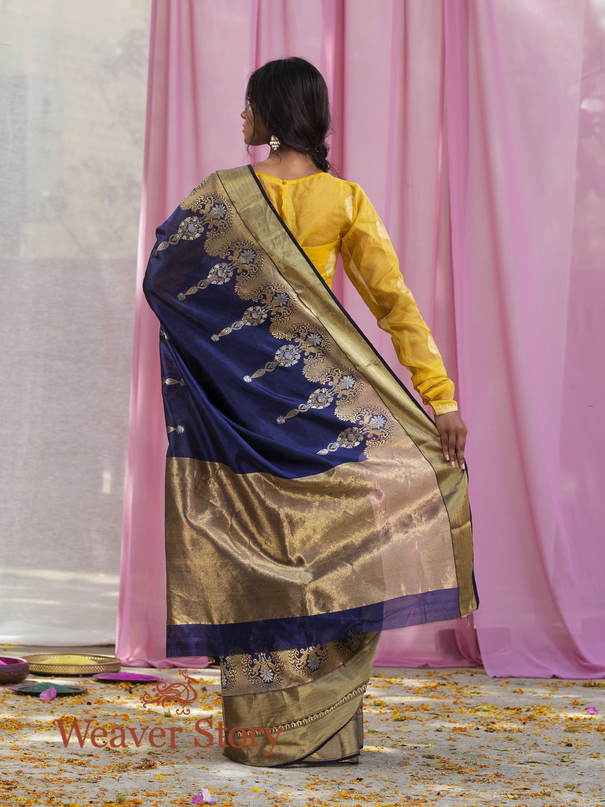 Handwoven_Blue_Chanderi_Silk_Saree_with_Gold_and_Silver_Zari_Border_WeaverStory_03