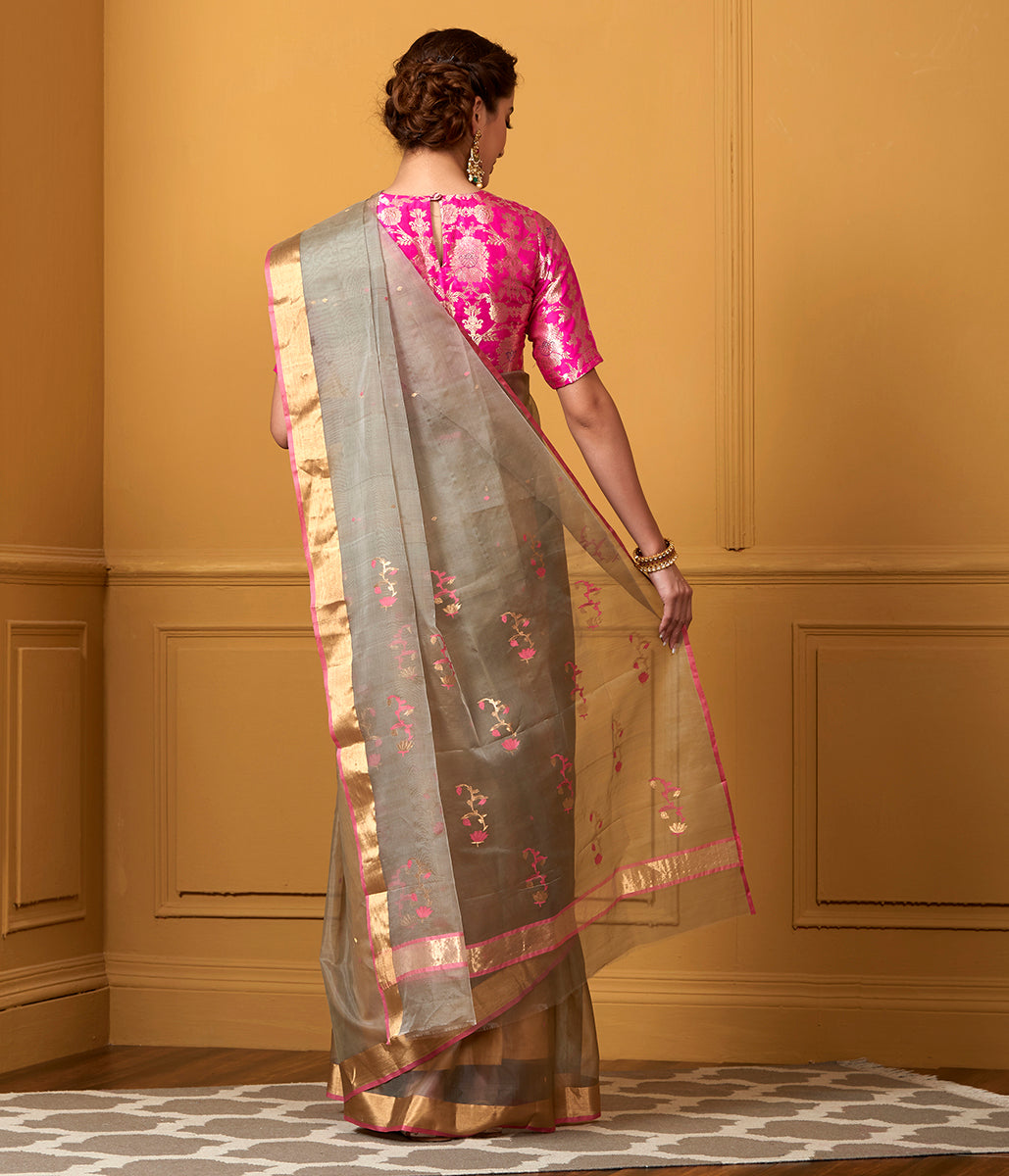 Handwoven_Grey_Kora_Silk_Chanderi_Saree_with_Pink_Booti_and_Meenakari_Pallu_WeaverStory_03