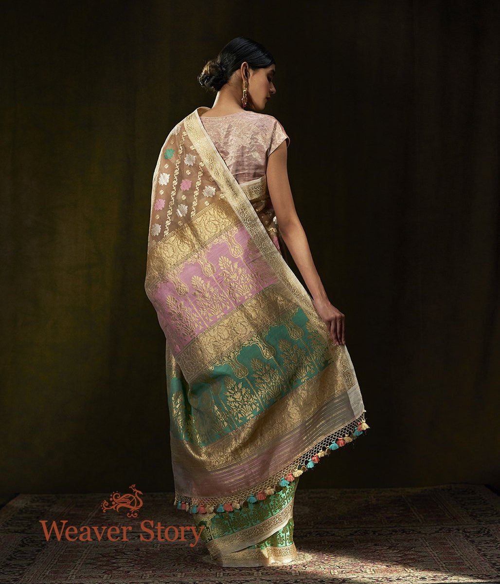 Handwoven_Beige_Kora_Silk_Saree_with_Pink_and_Green_Border_WeaverStory_03