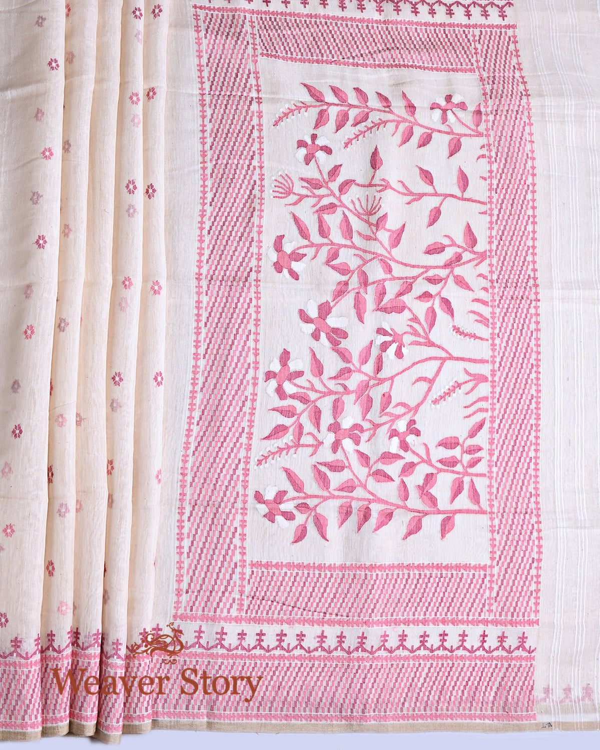 Handwoven_Offhwhite_and_Pink_Handspun_Cotton_Jamdani_Saree_WeaverStory_03