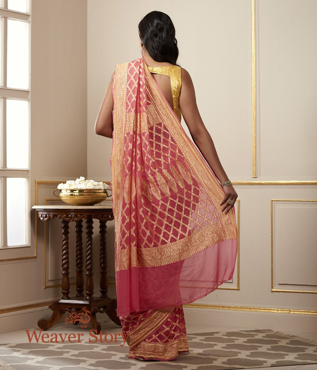 Handloom_Coral_Pink_Banarasi_Georgette_Saree_WeaverStory_03