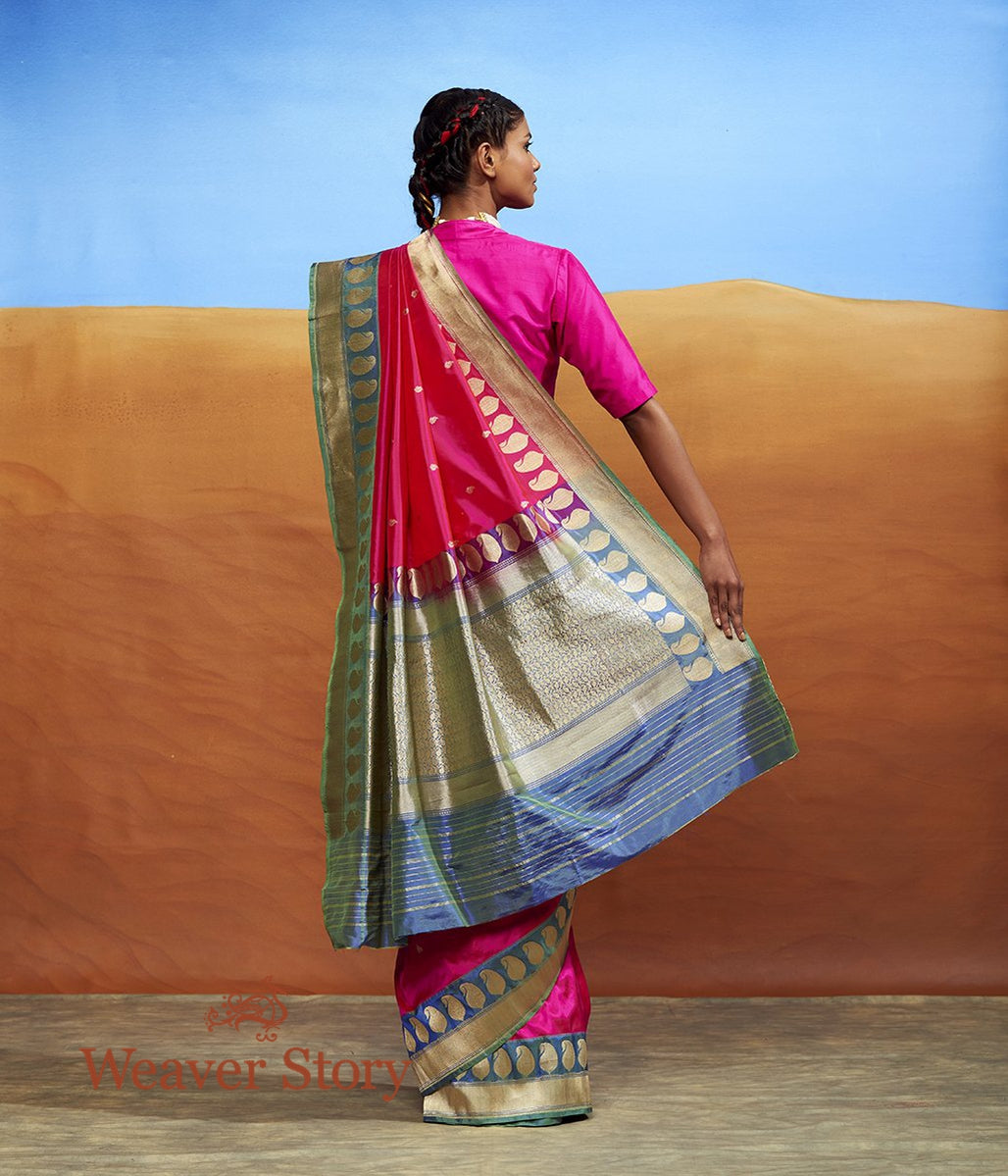 Handloom_Pink_Kadhwa_Booti_Saree_with_Contrast_Green_Border_with_Paisley_WeaverStory_03