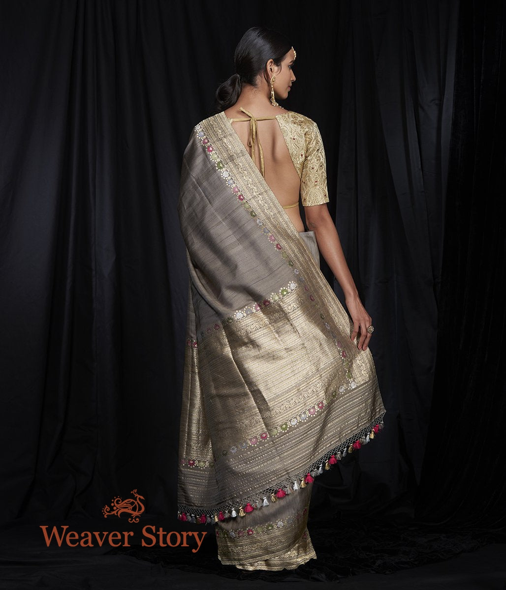 Handwoven_Grey_Tusser_Saree_with_Kadhwa_Meenakari_Border_WeaverStory_03