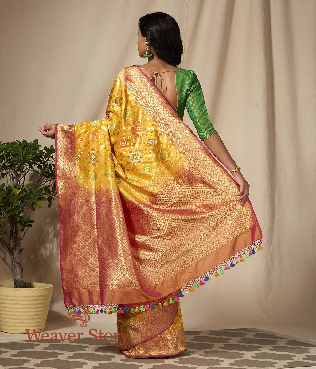Handwoven_Mustard_Meenakari_Banarasi_Patola_Saree_with_Peach_Border_WeaverStory_03