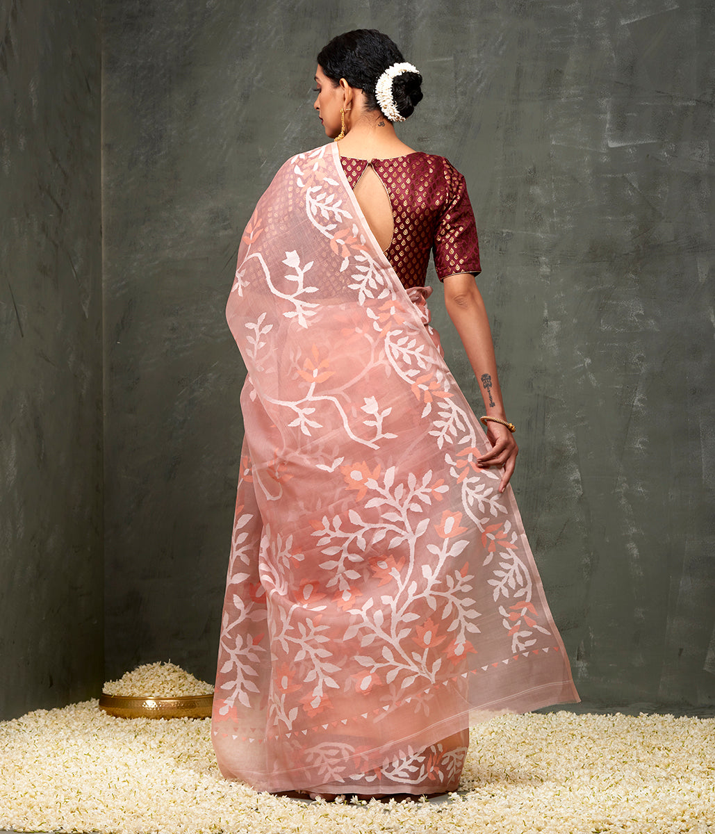 Handwoven_Peach_Muslin_Dhakai_Jamdani_Saree_with_White_and_Peach_Thread_Work_WeaverStory_03