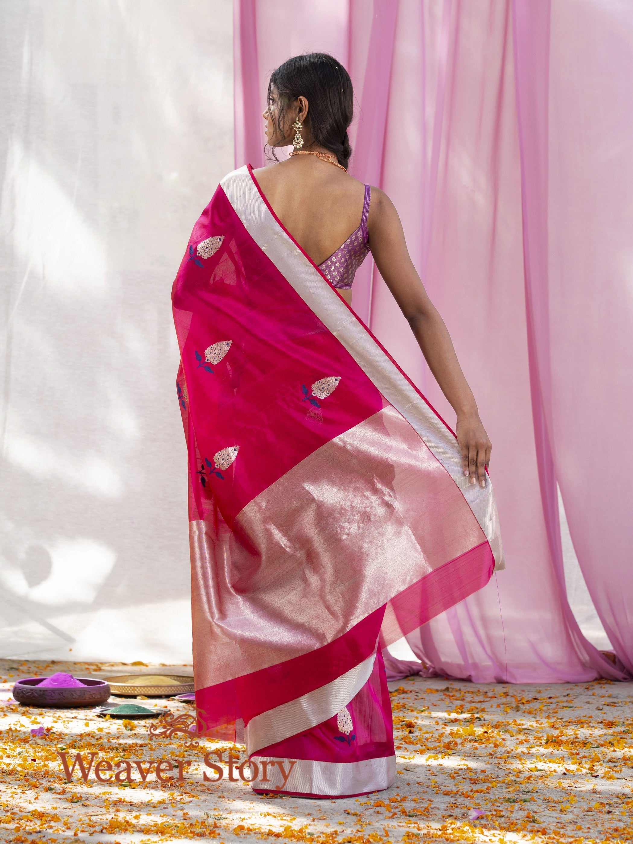 Handwoven_Rani_Pink_Chanderi_Saree_with_Blue_Meenakari_WeaverStory_03