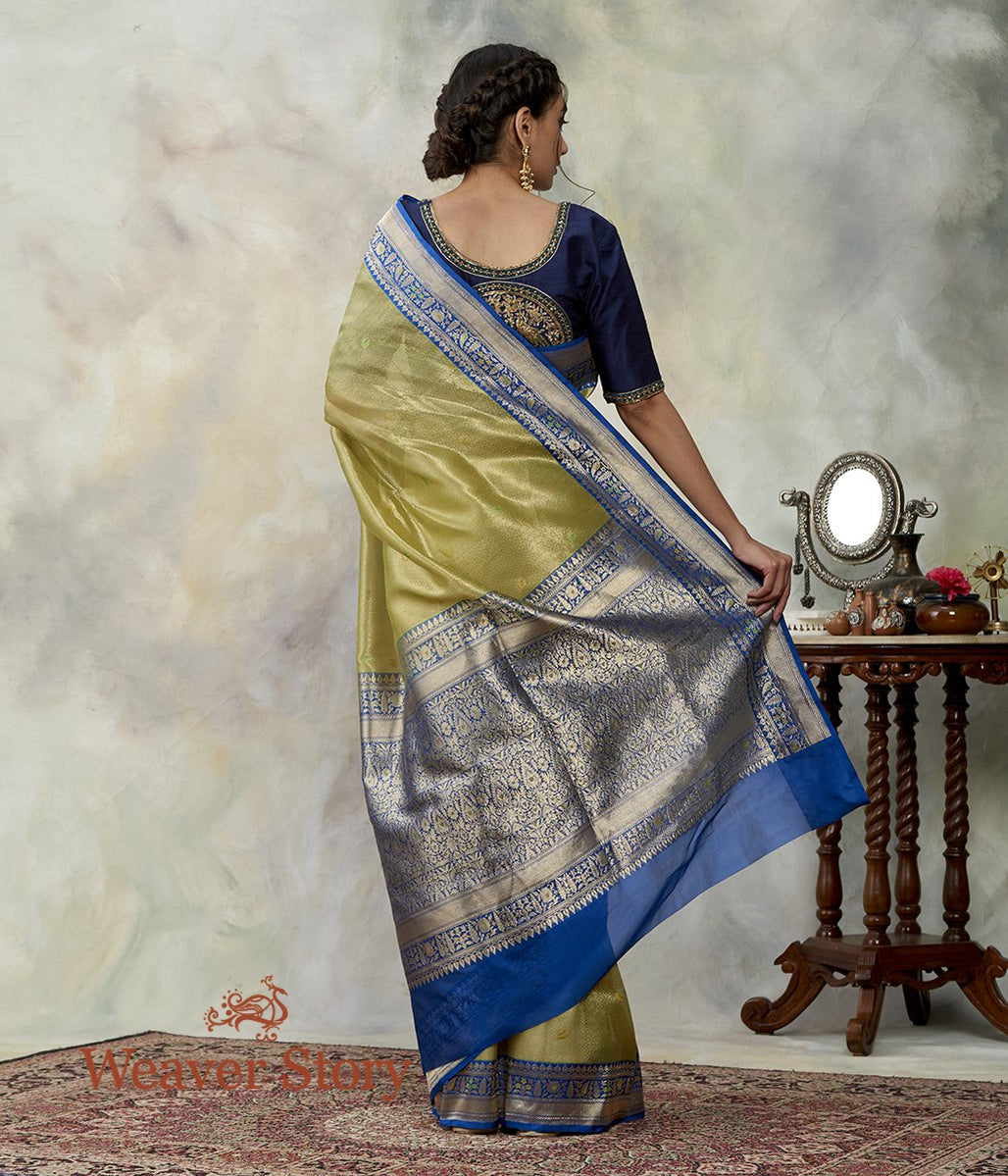 Handwoven_Green_Kora_Tanchoi_Saree_with_Royal_Blue_Border_WeaverStory_03