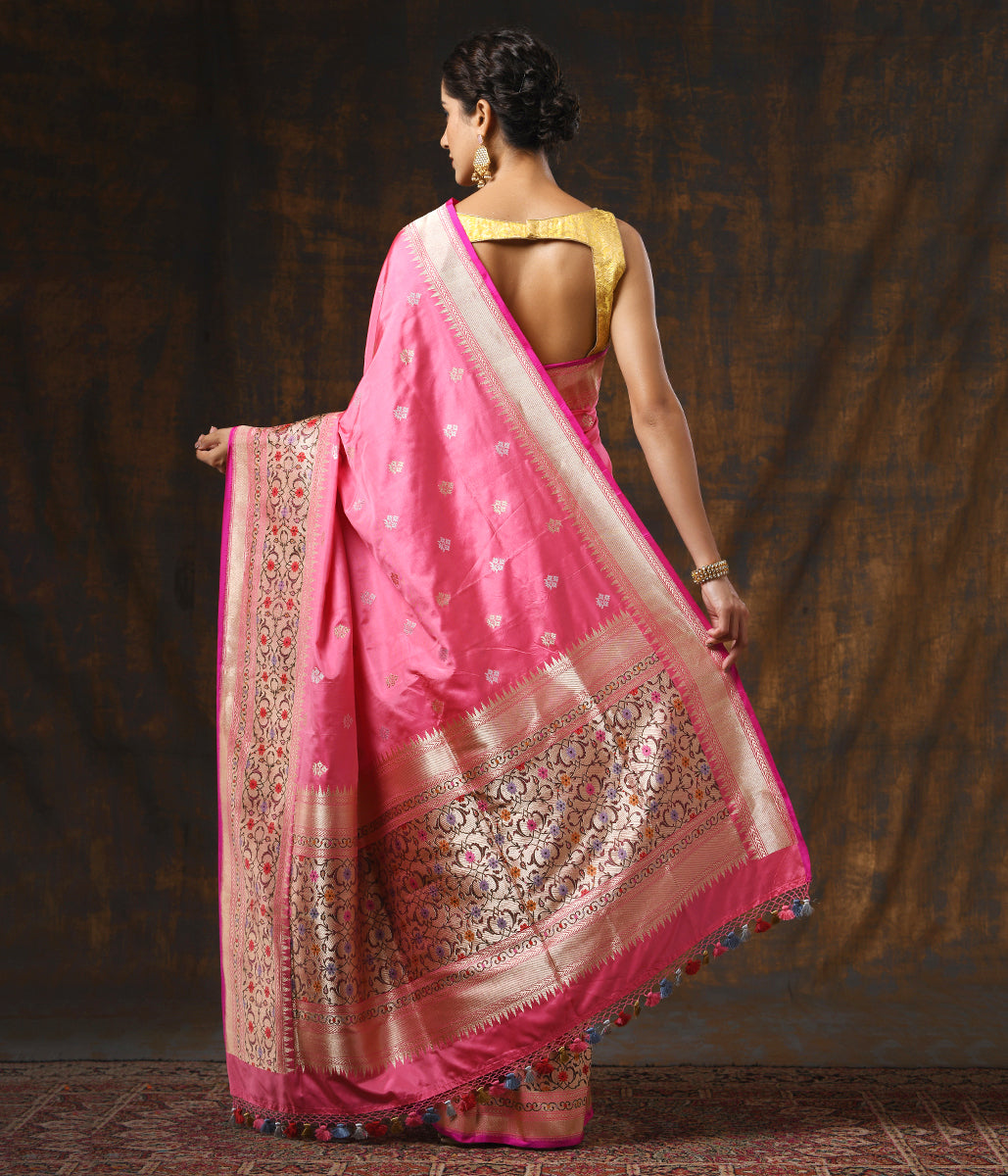 Handloom_Pink_Kadhwa_Booti_with_Gold_Zari_and_Meenakari_Border_WeaverStory_03