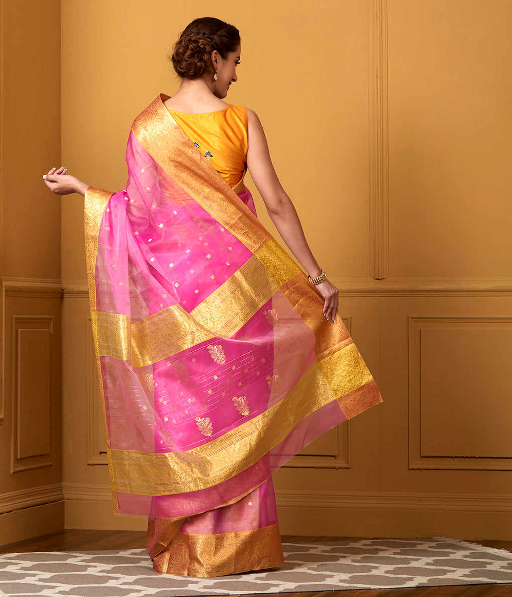 Handwoven_Pink_Kora_Katan_Chanderi_Saree_with_Mustard_Border_WeaverStory_03