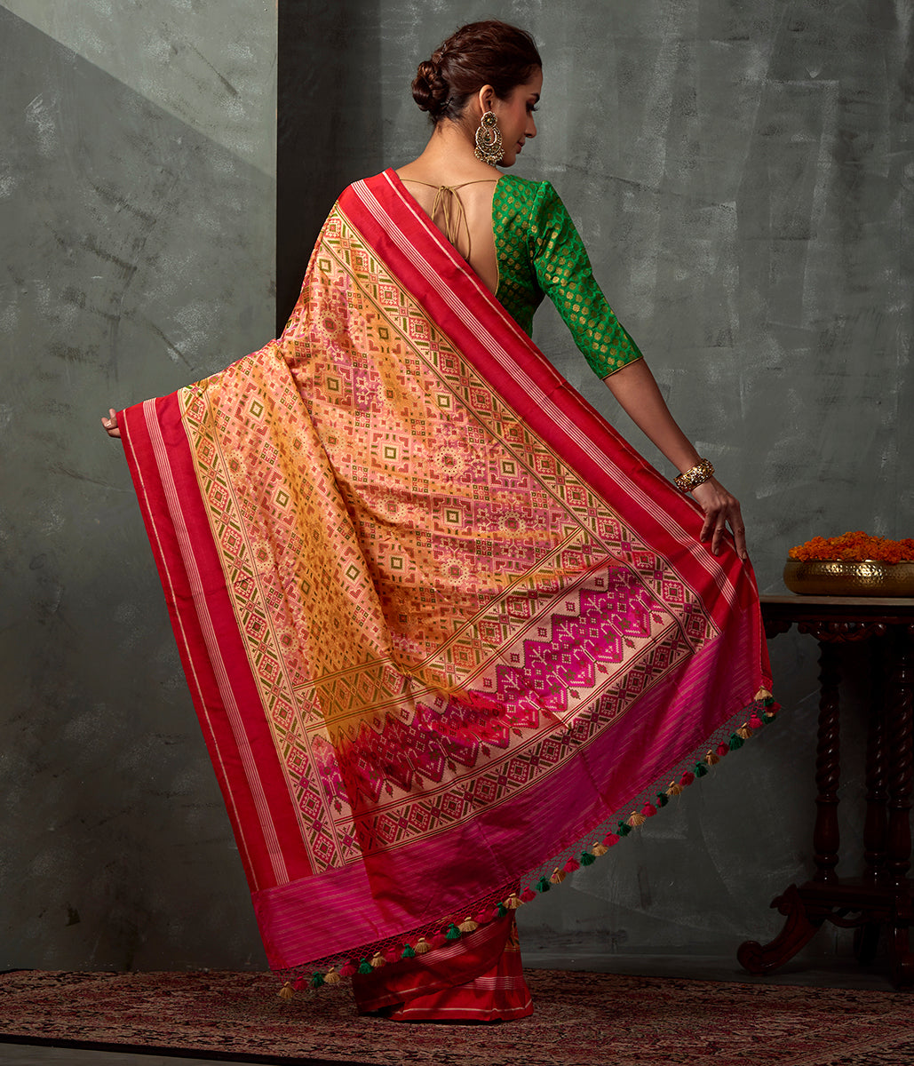 Handwoven_Peach_Meenakari_Patola_Saree_with_Red_Border_WeaverStory_03
