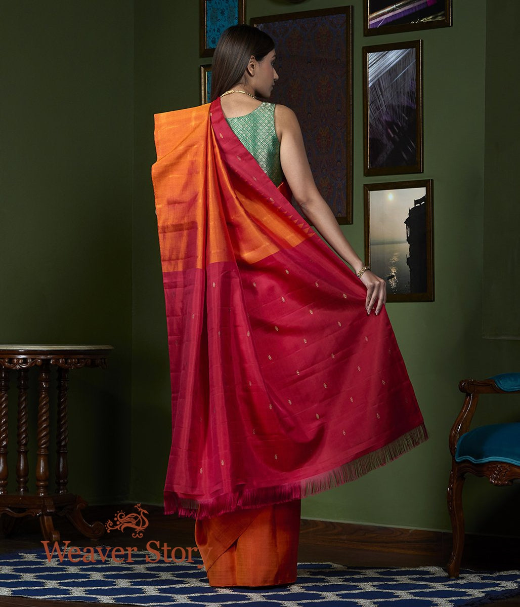 Handwoven_Orange_Twill_Weave_Kanjivaram_Saree_with_Rising_Temple_Borders_WeaverStory_03