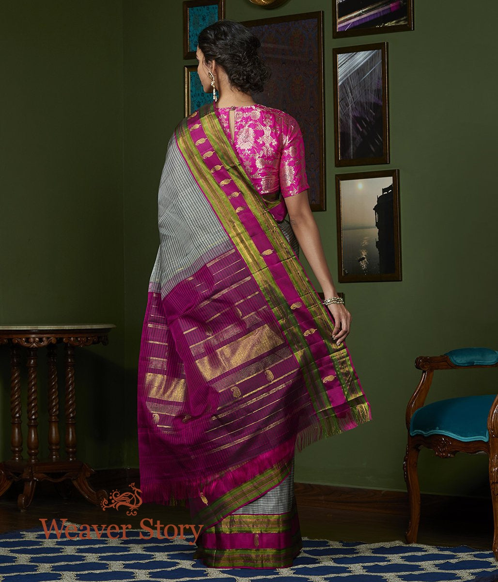Handwoven_Grey_Kanjivaram_Silk_Saree_with_Zari_Checks_and_Purple_Border_with_Paislesy_WeaverStory_03