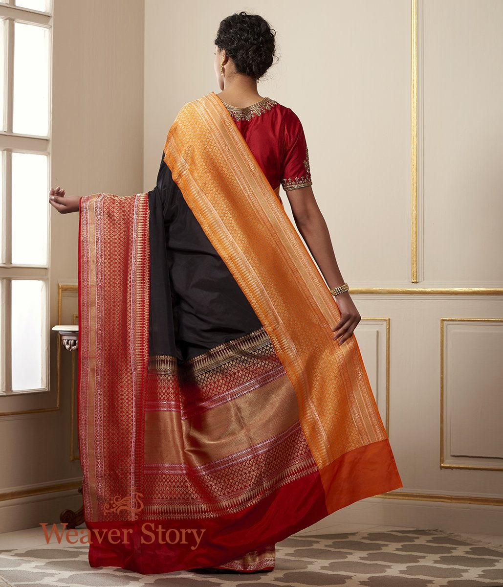 Handwoven_Black_Katan_Silk_Saree_with_Elaborate_Ganga_Jamuna_Border_In_Orange_and_Red_WeaverStory_03
