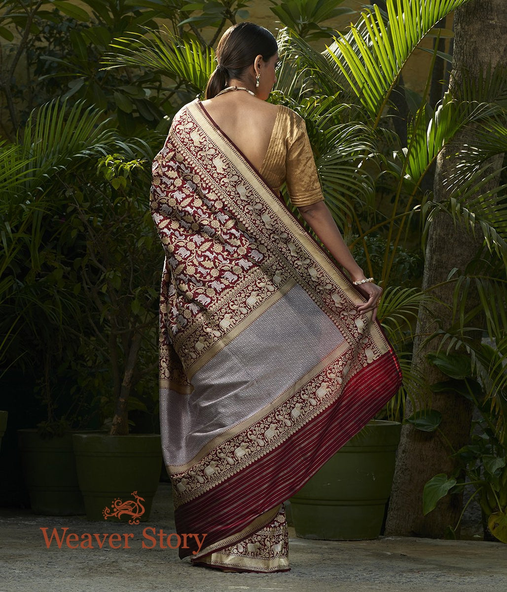 Handwoven_Maroon_Kadhwa_Shikargah_Saree_with_Silver_Zari_Border_WeaverStory_03