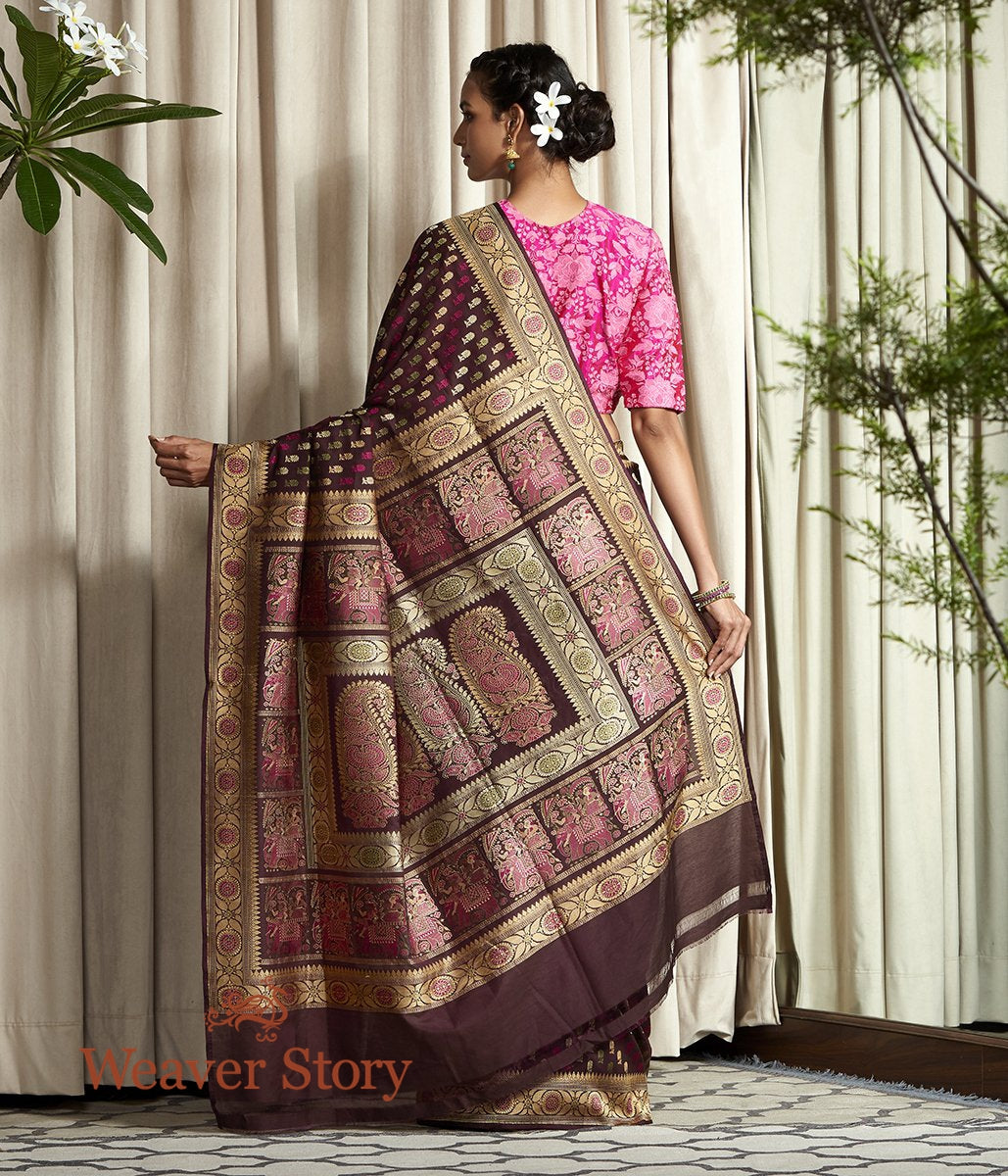 Handloom_Brown_Hand_Spun_Cotton_Silk_Baluchari_Saree_with_Small_Booti_WeaverStory_03