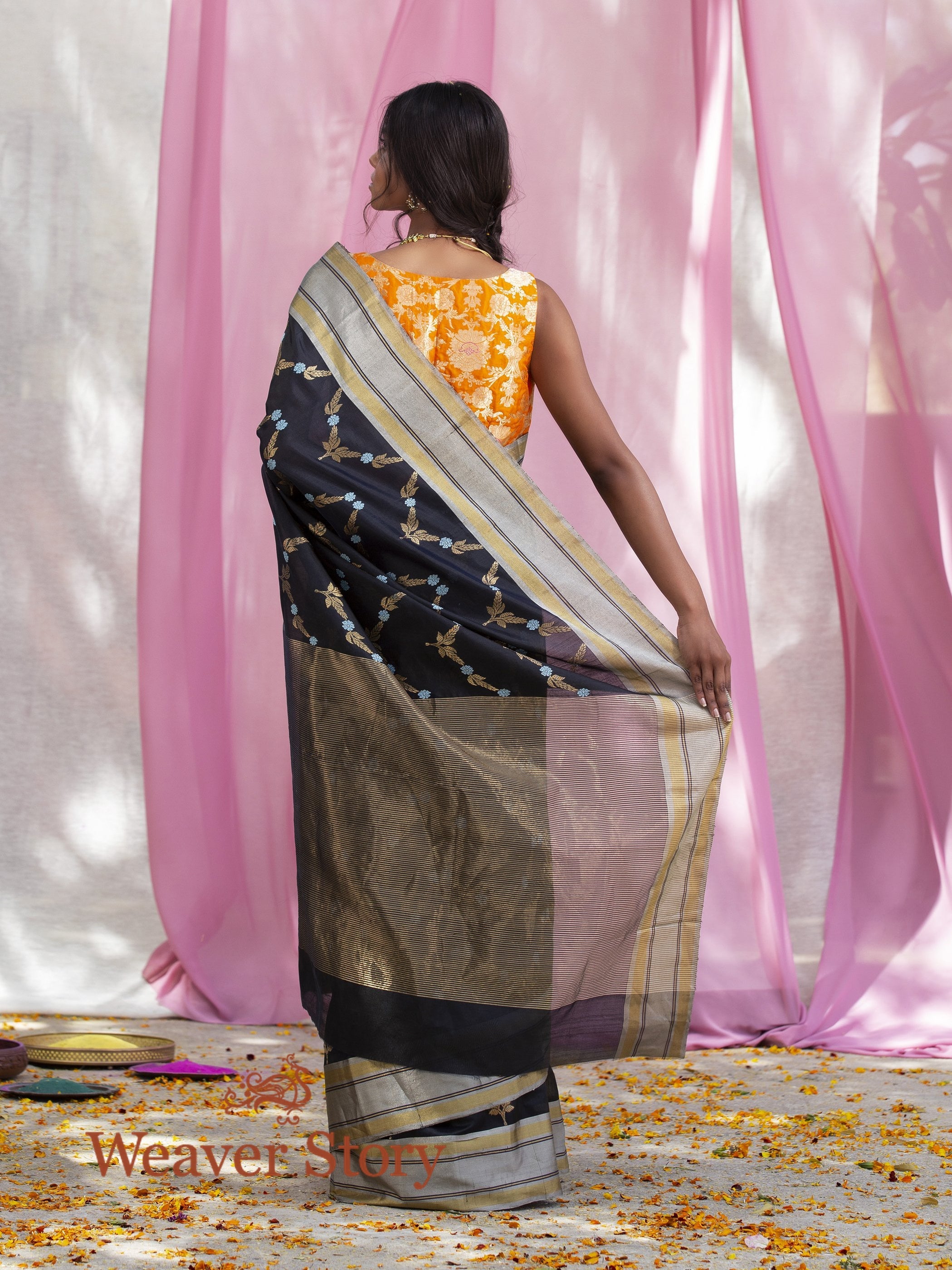 Handwoven_Blue_and_Black_Dual_Tone_Chanderi_Silk_All_Over_Zari_Jaal_WeaverStory_03