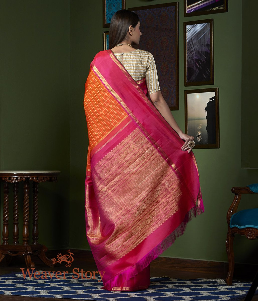 Handloom_Orange_Zari_Checks_Kanjivaram_Saree_WeaverStory_03