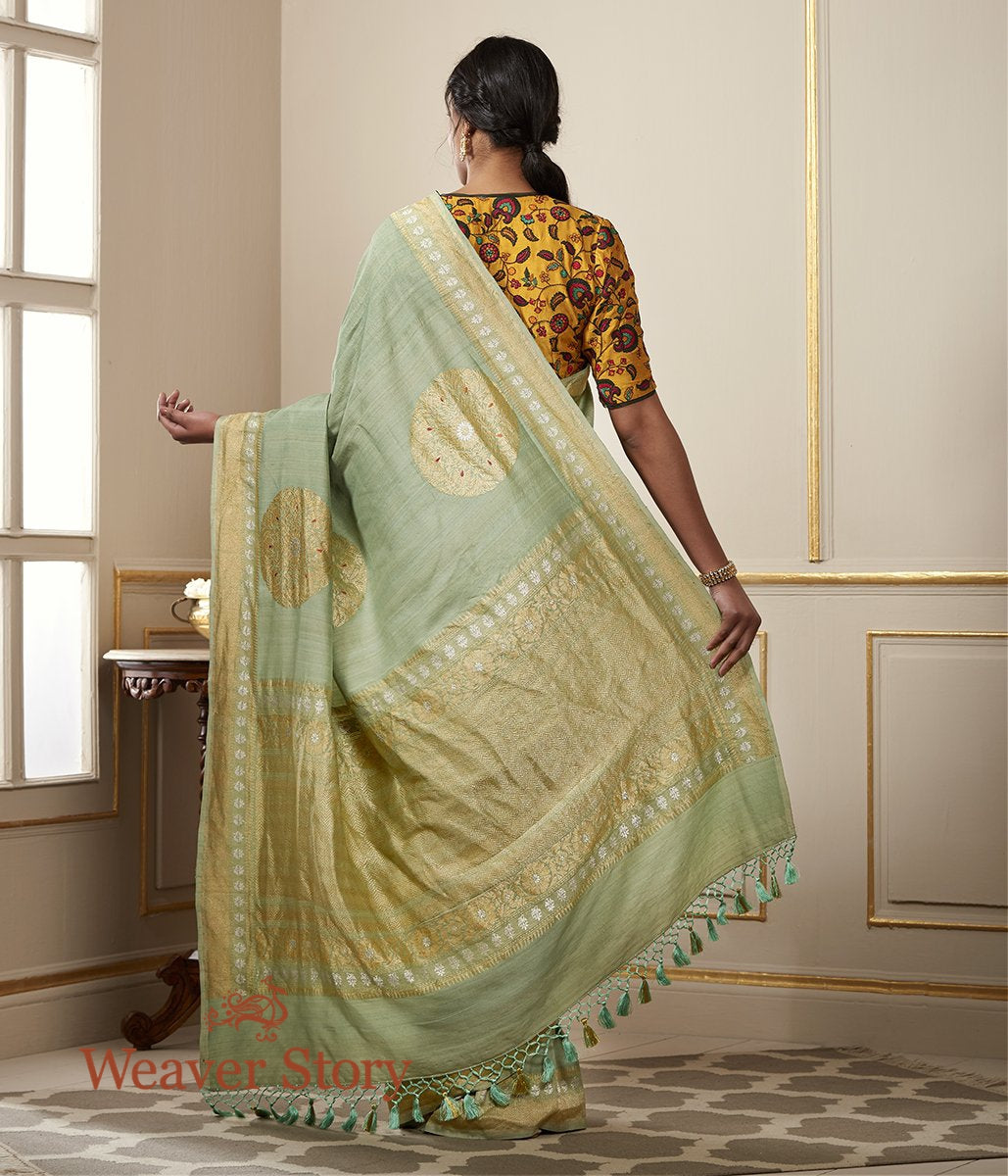 Handloom_Moss_Green_Tusser_Georgette_Saree_with_Kadhwa_Boota_and_Meenakari_WeaverStory_03