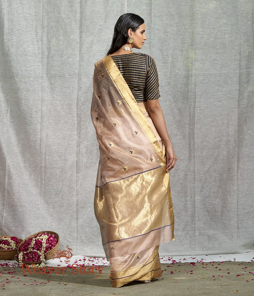 Handwoven_Light_Brown_Silk_Chanderi_Saree_with_Floral_Booti_and_Blue_Meenakari_WeaverStory_03