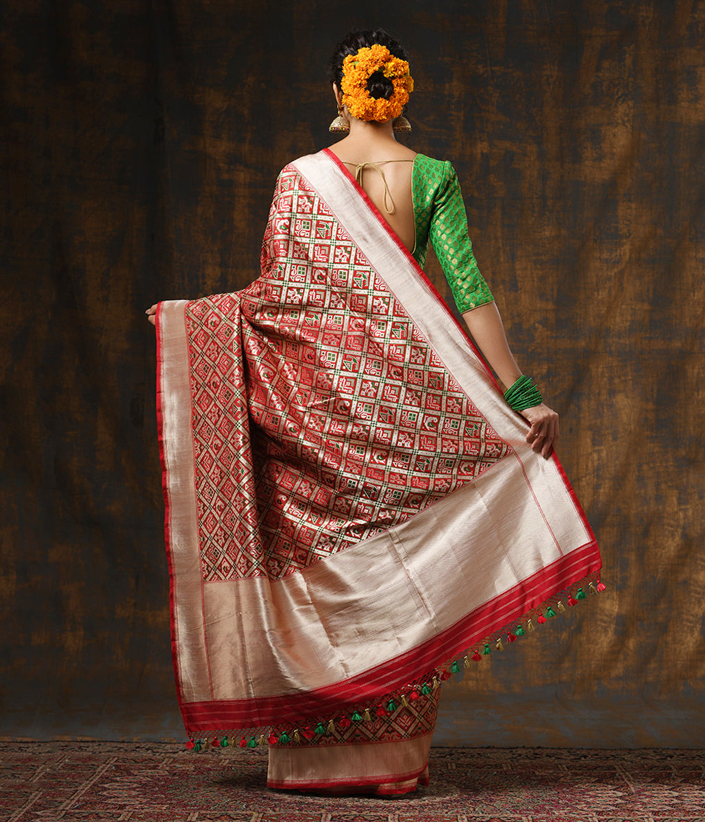 Handloom_Red_Patola_Banarasi_Saree_with_Green_Meenakari_WeaverStory_03