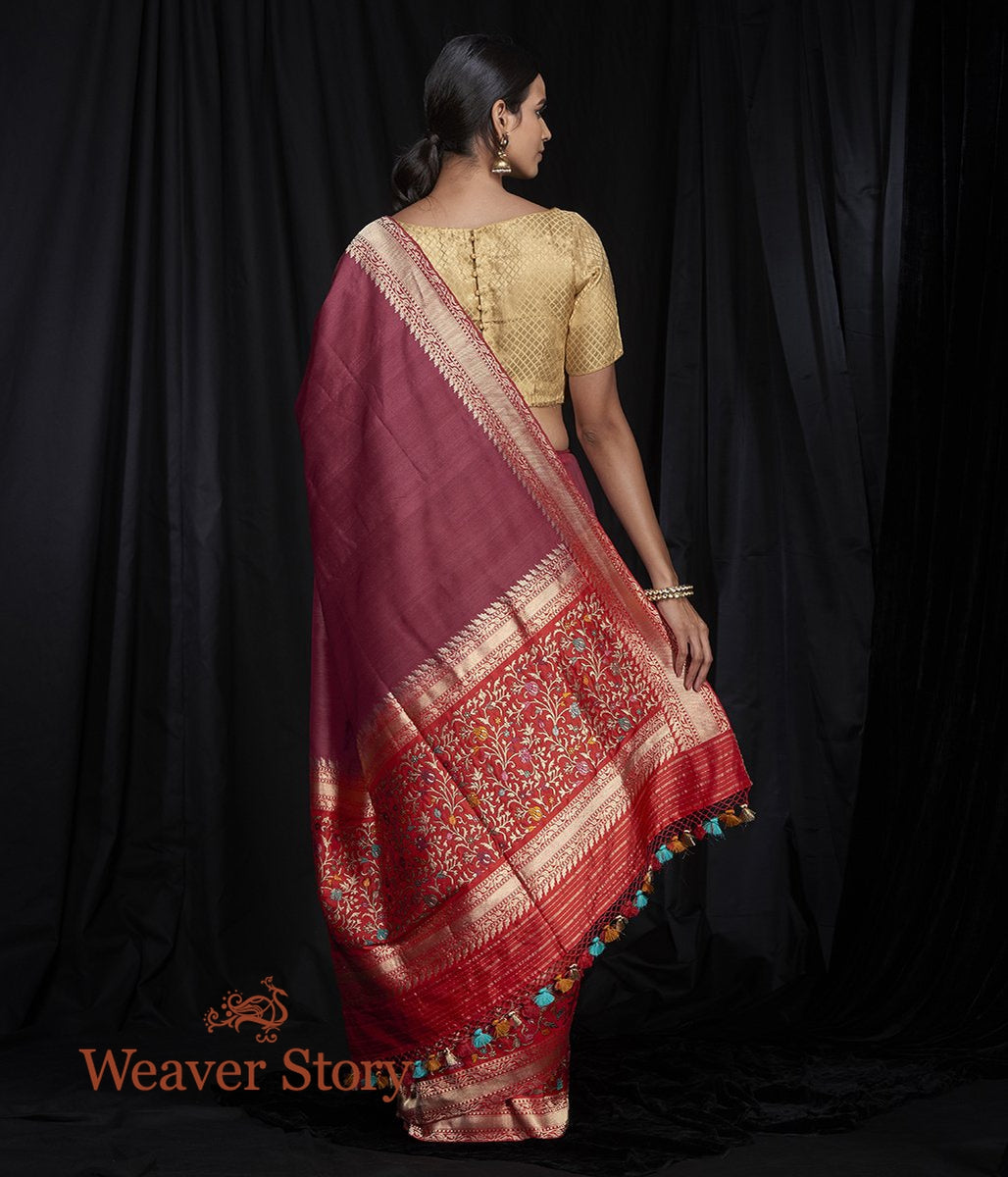 Handwoven_Wine_Tusser_Banarasi_Saree_with_Five_Color_Meenakari_Border_WeaverStory_03